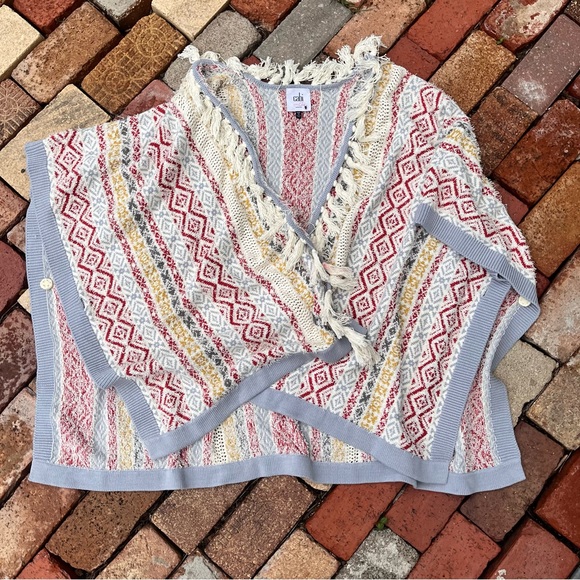 CAbi Red and Cream Fringe Knit Blouse - Picture 1 of 5